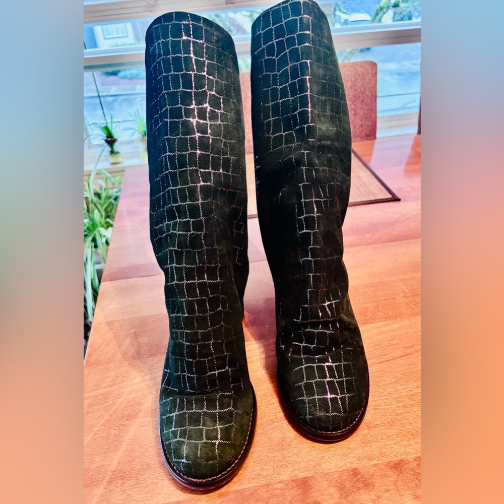 Free People Date Night Elle Block Heel Slouchy Boots Pine Diamonds